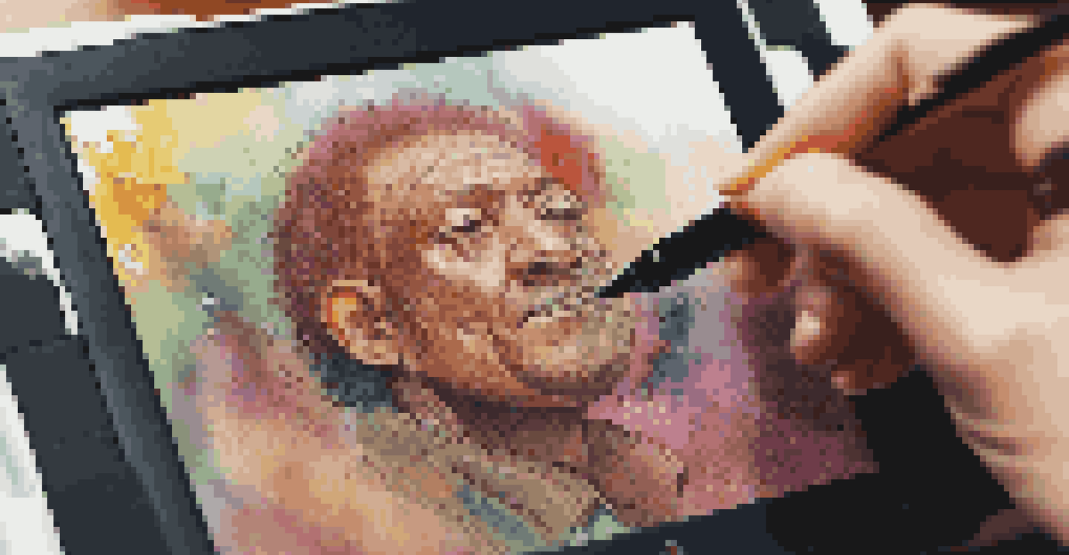 A close-up of a digital tablet showing detailed digital art, with an artist's hand holding a stylus in a softly lit workspace.