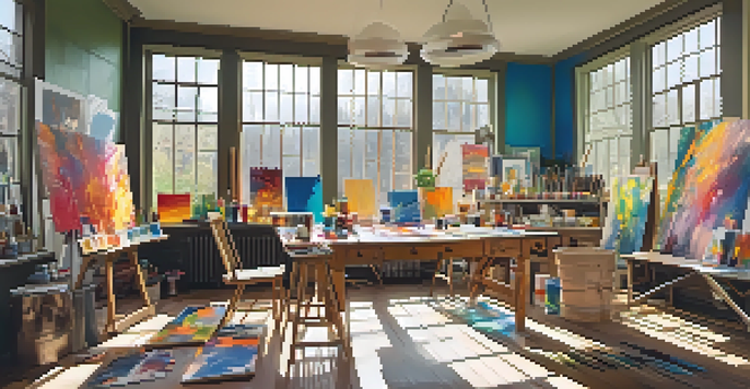 An artist in a bright studio, painting an abstract artwork with colorful paints and brushes scattered around.