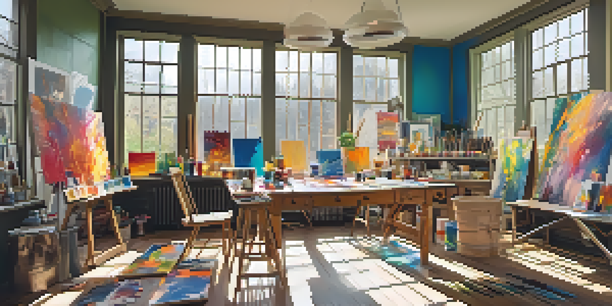 An artist in a bright studio, painting an abstract artwork with colorful paints and brushes scattered around.