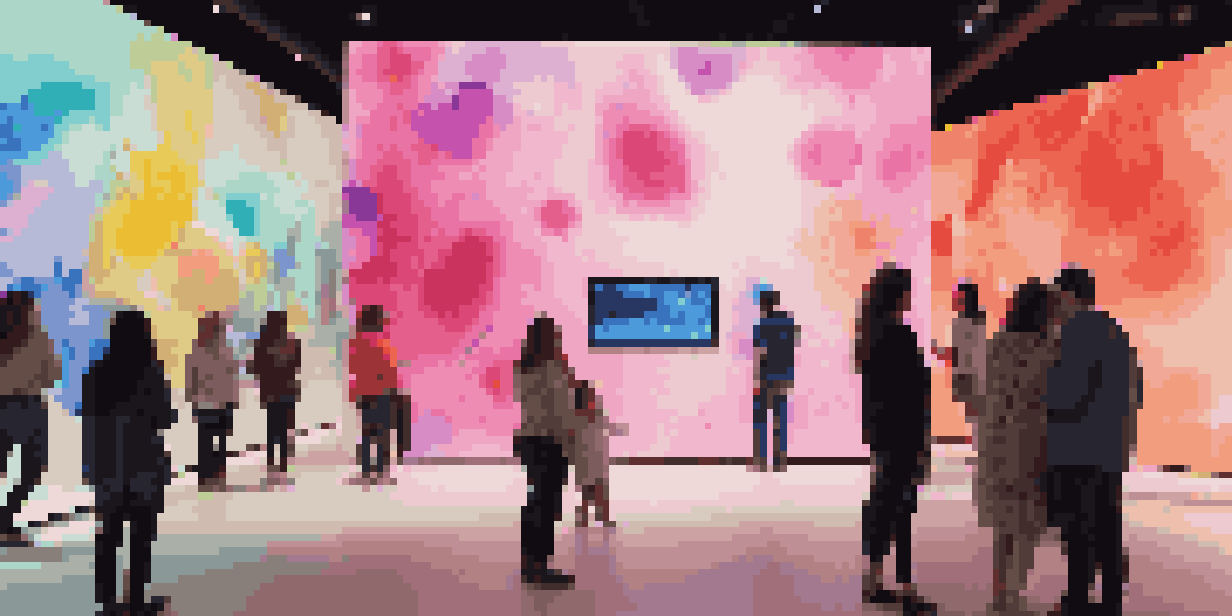 An interactive digital exhibition space with visitors engaging with a colorful digital screen, surrounded by abstract art pieces and illuminated by soft lights.
