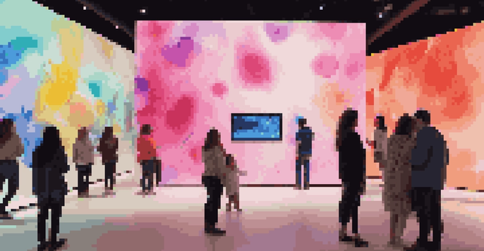 An interactive digital exhibition space with visitors engaging with a colorful digital screen, surrounded by abstract art pieces and illuminated by soft lights.