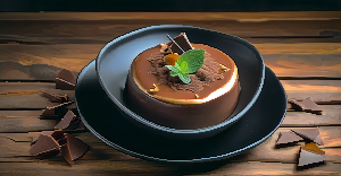 A dessert featuring a rich chocolate mousse topped with crunchy caramel shards, decorated with cocoa powder and a mint leaf on a wooden table.