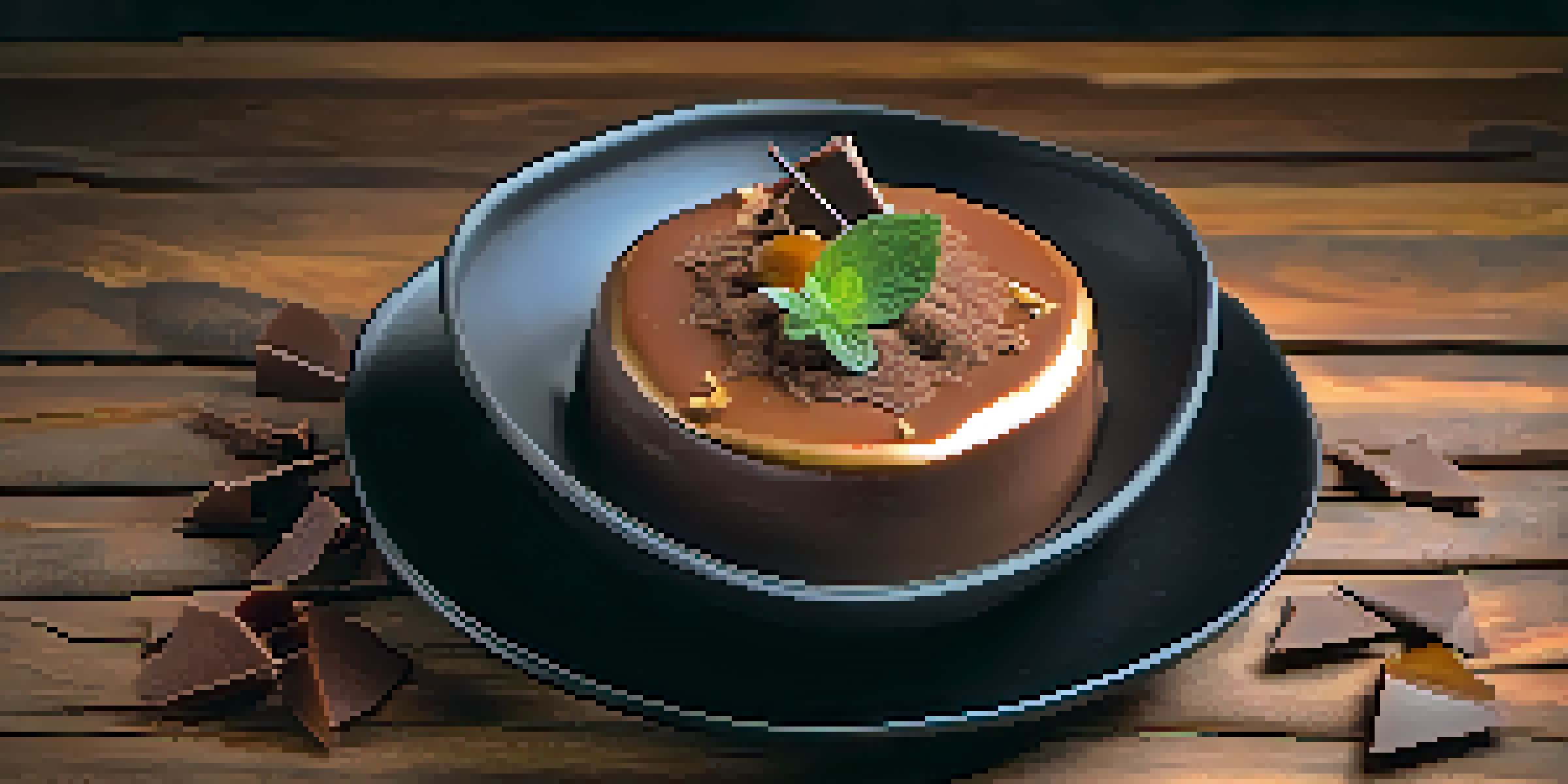 A dessert featuring a rich chocolate mousse topped with crunchy caramel shards, decorated with cocoa powder and a mint leaf on a wooden table.