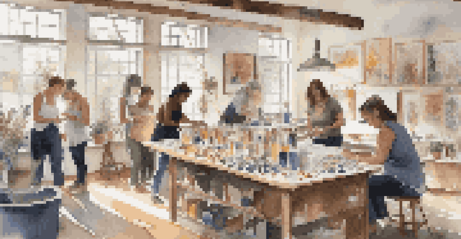 A diverse group of individuals collaborating in an art workshop, creating pieces that reflect their migration experiences.