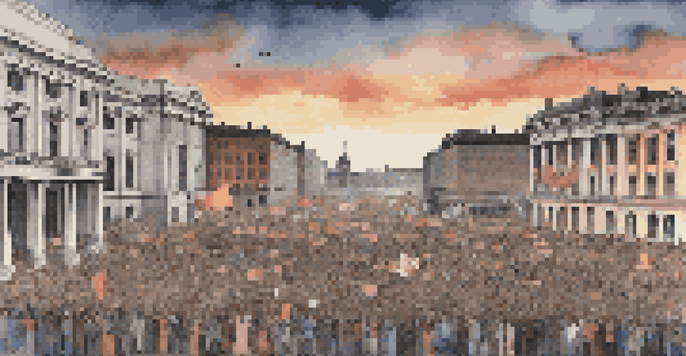A lively protest scene in a city square with people holding signs, historic buildings, and a sunset sky.