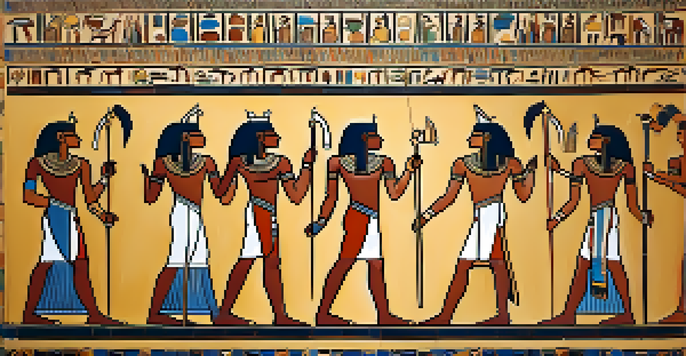 An artist in Ancient Egypt painting a mural, featuring human figures in composite view with vibrant colors and warm sunlight illuminating the scene.