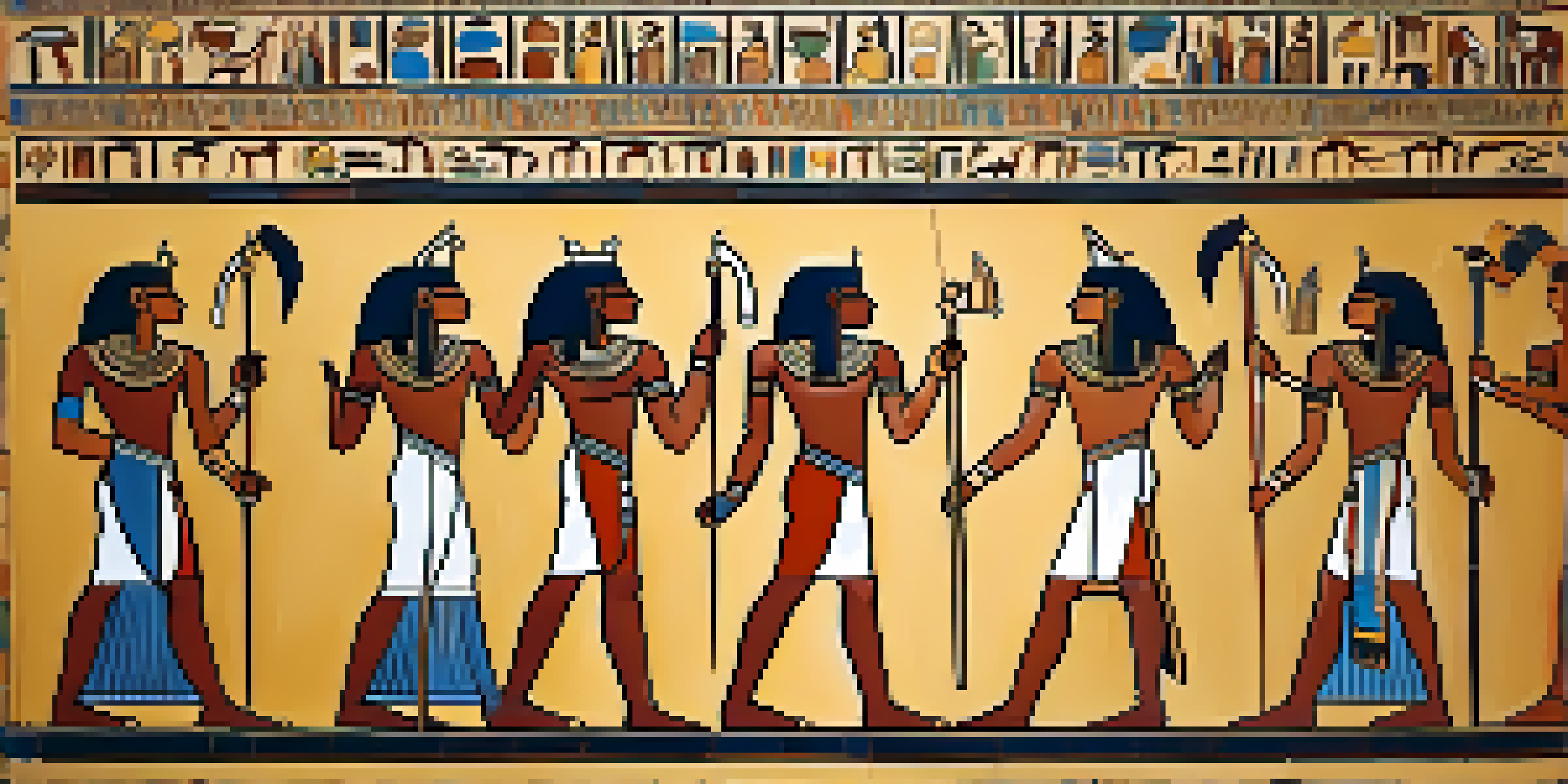 An artist in Ancient Egypt painting a mural, featuring human figures in composite view with vibrant colors and warm sunlight illuminating the scene.