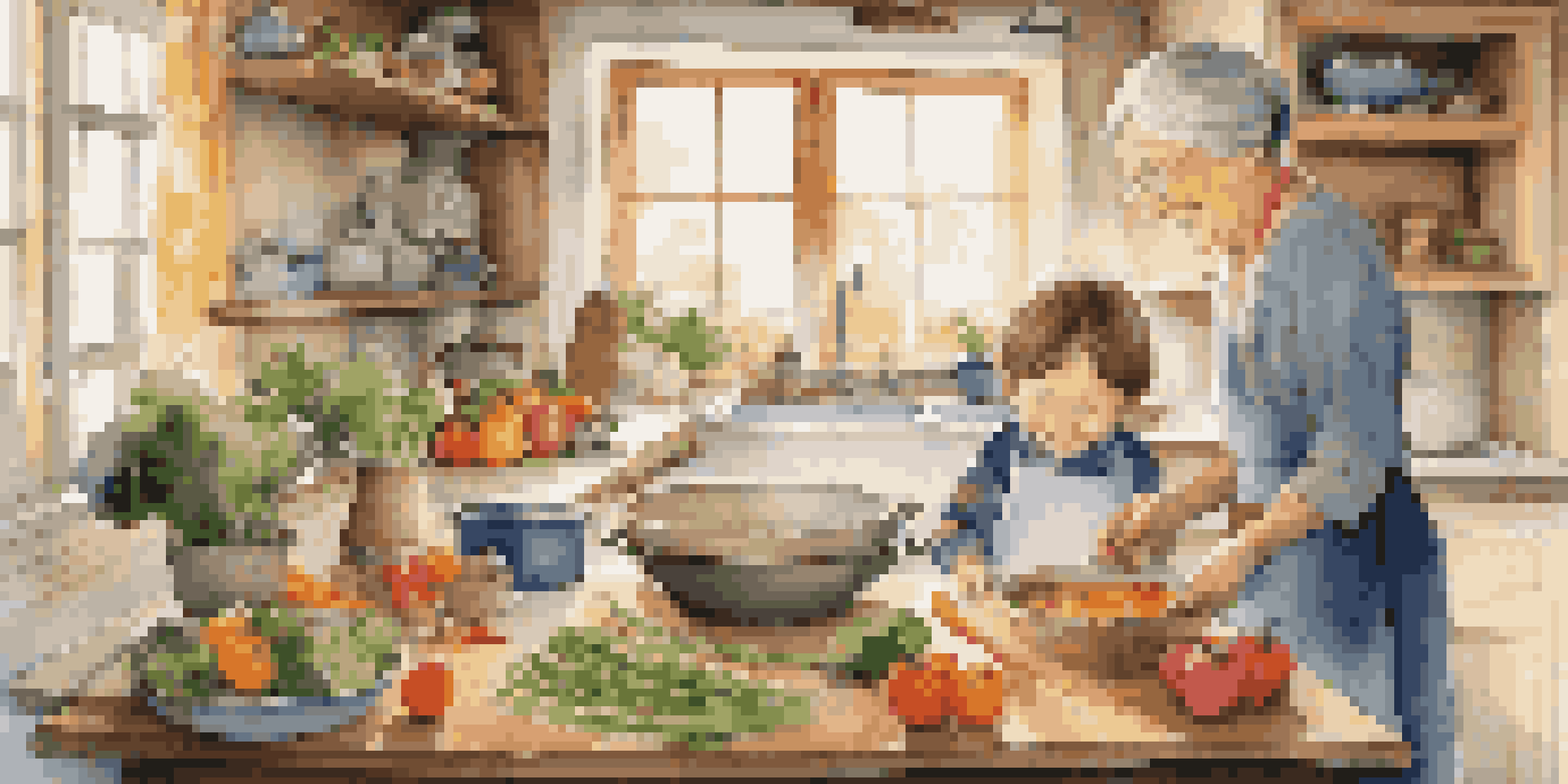 A grandmother and a child cooking together in a cozy kitchen, filled with colorful vegetables and traditional utensils.