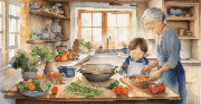 A grandmother and a child cooking together in a cozy kitchen, filled with colorful vegetables and traditional utensils.