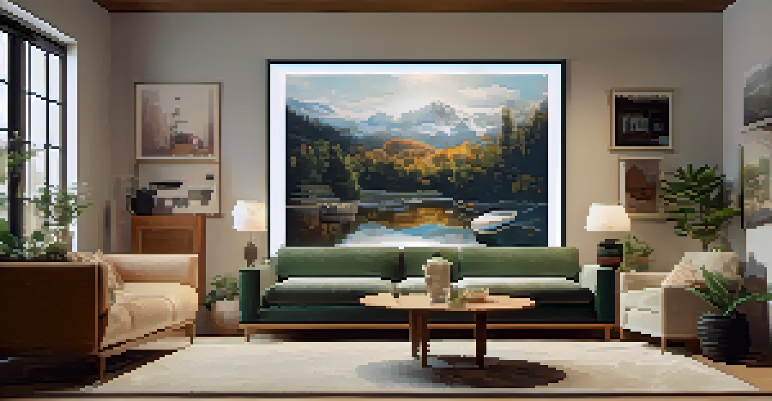 A cozy home setting with a person viewing a virtual art exhibition on a computer screen, surrounded by modern artworks.