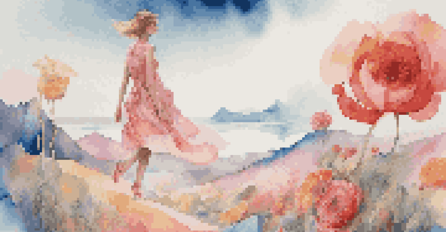 A surreal fashion advertisement with a model in a colorful landscape, surrounded by whimsical elements.