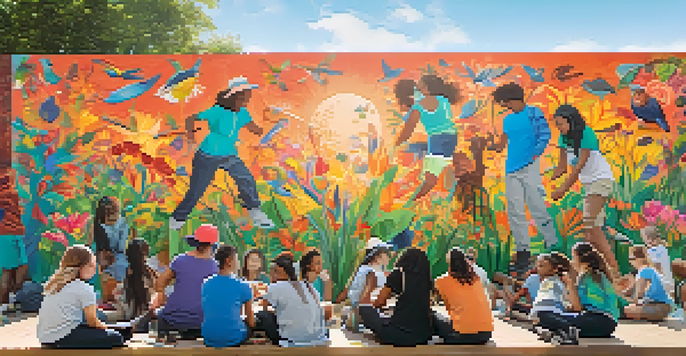 A diverse group of students collaboratively painting a colorful mural that emphasizes unity and environmental themes.