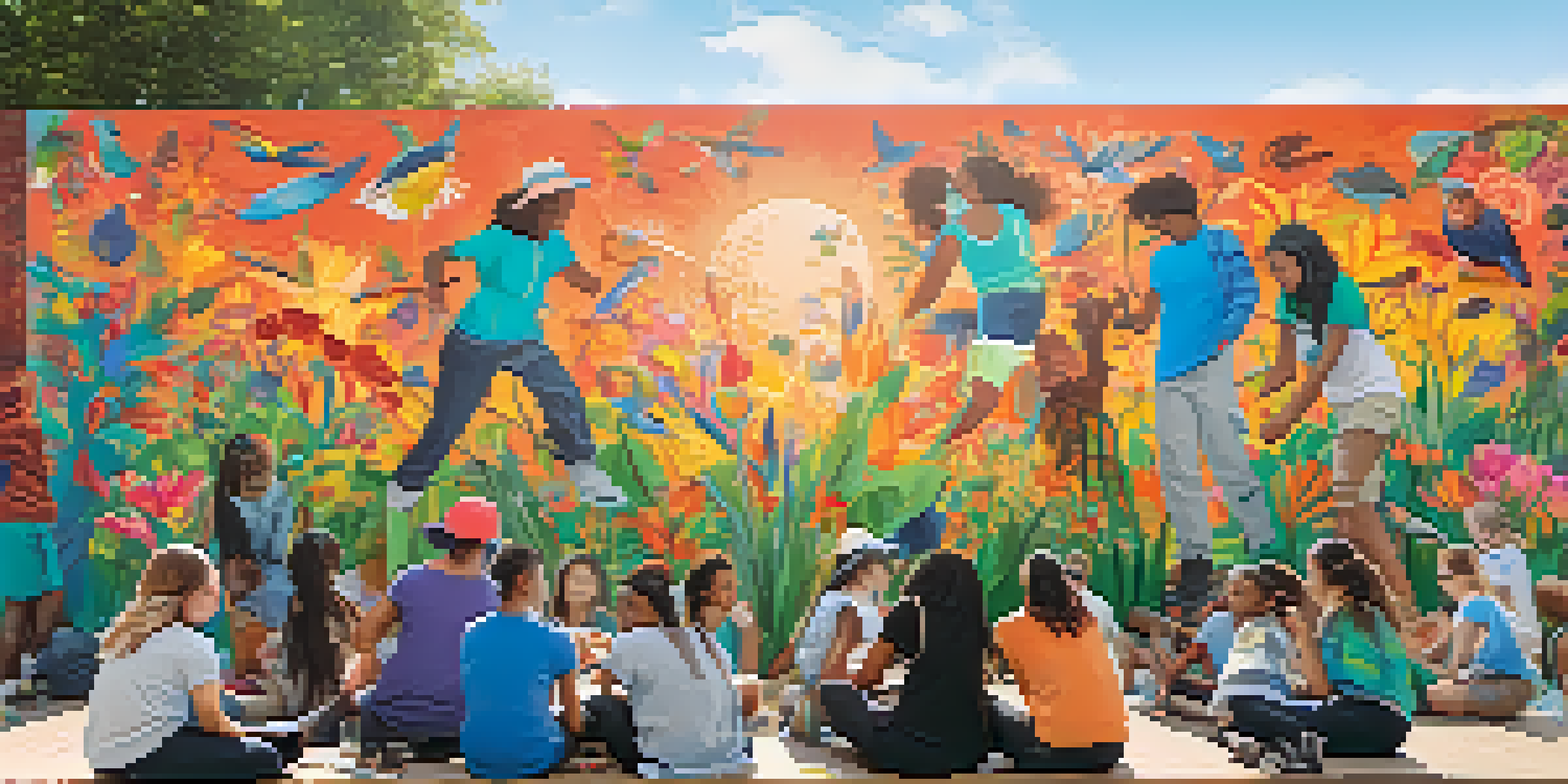 A diverse group of students collaboratively painting a colorful mural that emphasizes unity and environmental themes.