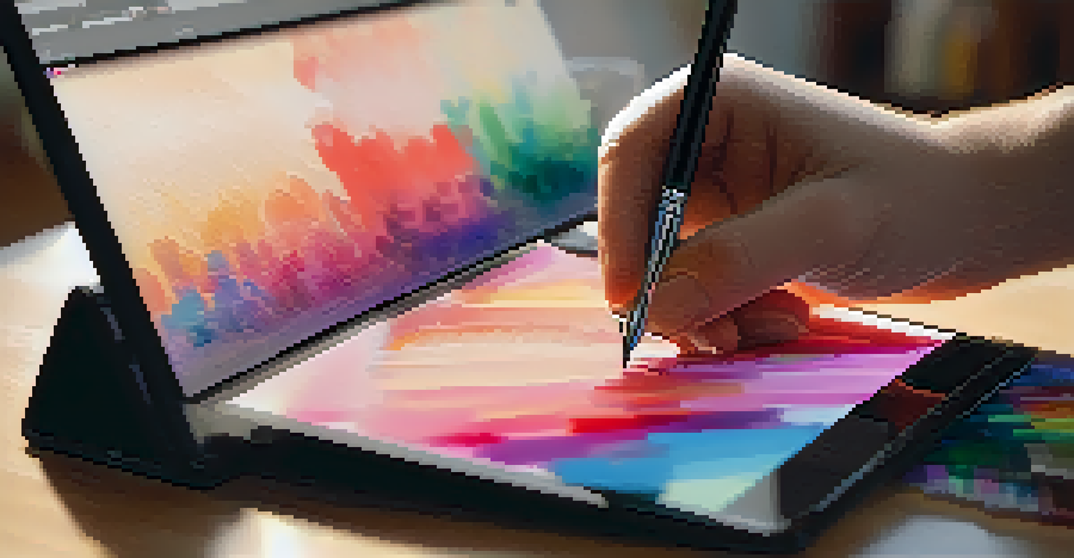 A close-up of a digital tablet with a painting in progress and art supplies in the background.