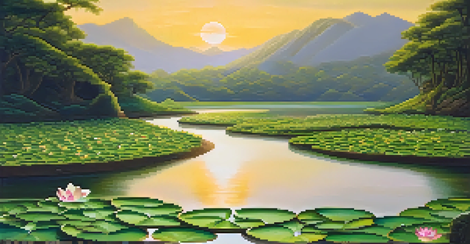 A peaceful landscape showing a river, green hills, and a rising sun, with blooming lotus flowers and a partially buried hourglass.