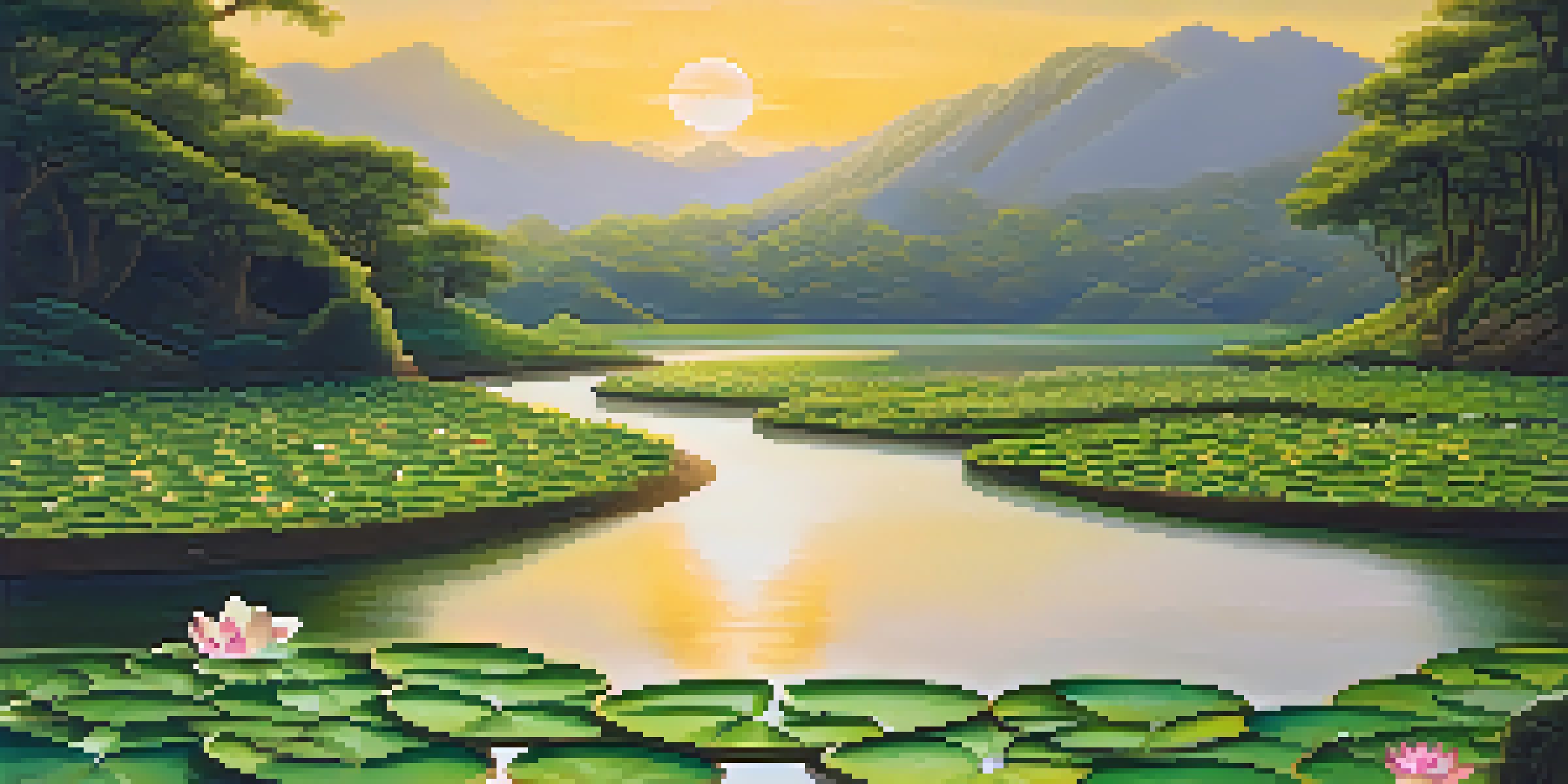 A peaceful landscape showing a river, green hills, and a rising sun, with blooming lotus flowers and a partially buried hourglass.