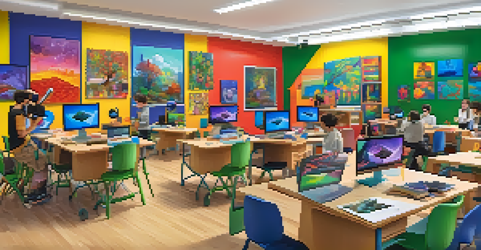 Students in a colorful art classroom using virtual reality headsets to create digital artworks, surrounded by traditional art pieces on the walls.