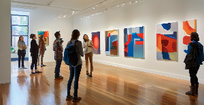 A bright modern art gallery with abstract paintings, natural light, and visitors admiring the art.