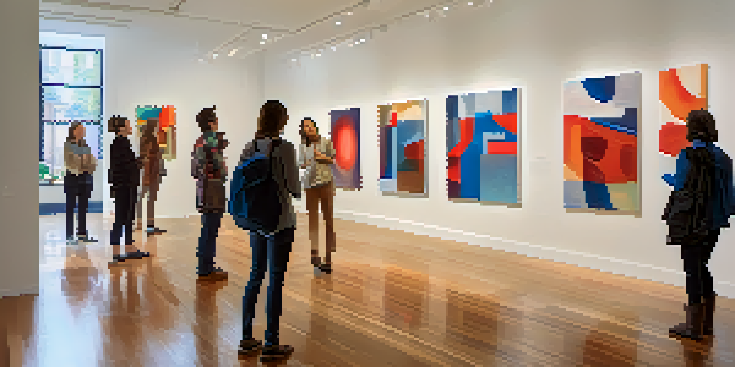 A bright modern art gallery with abstract paintings, natural light, and visitors admiring the art.