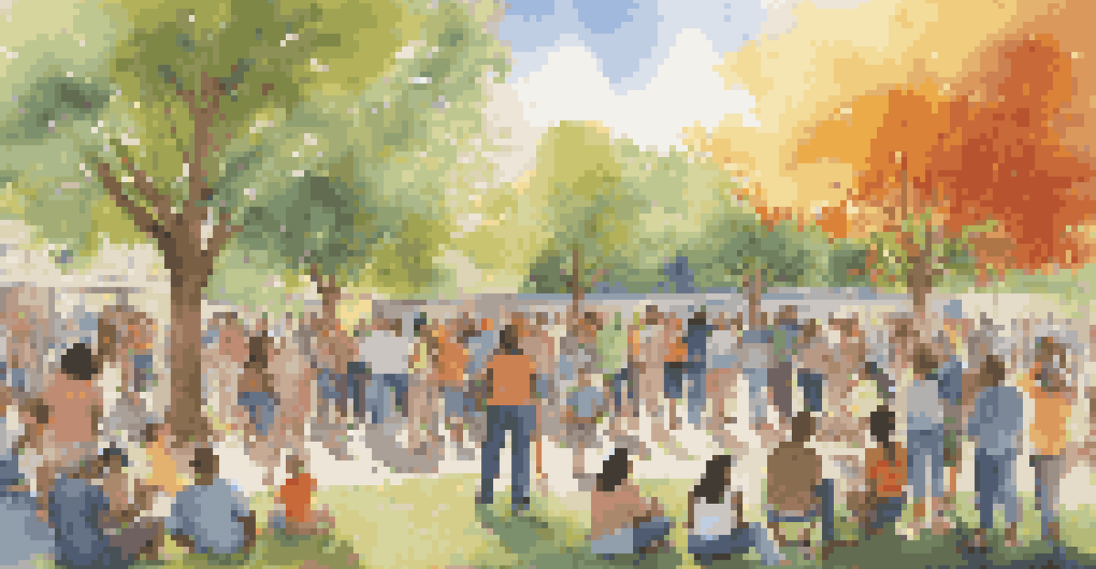 A diverse group of people collaborating on a large mural in a park, smiling and sharing ideas in a sunny environment.