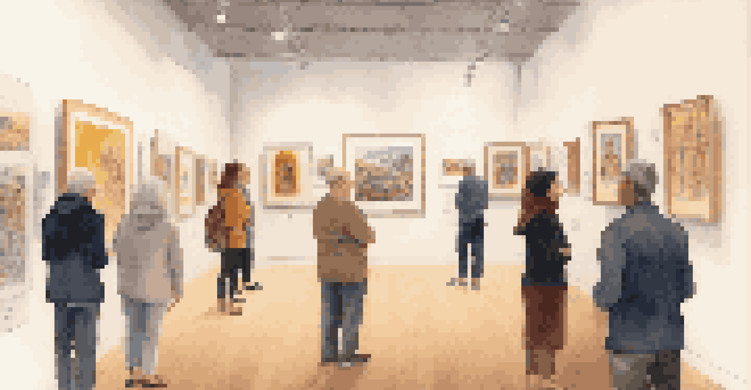 An art exhibition featuring diverse artworks from various faiths, with visitors admiring the pieces in a warmly lit gallery.