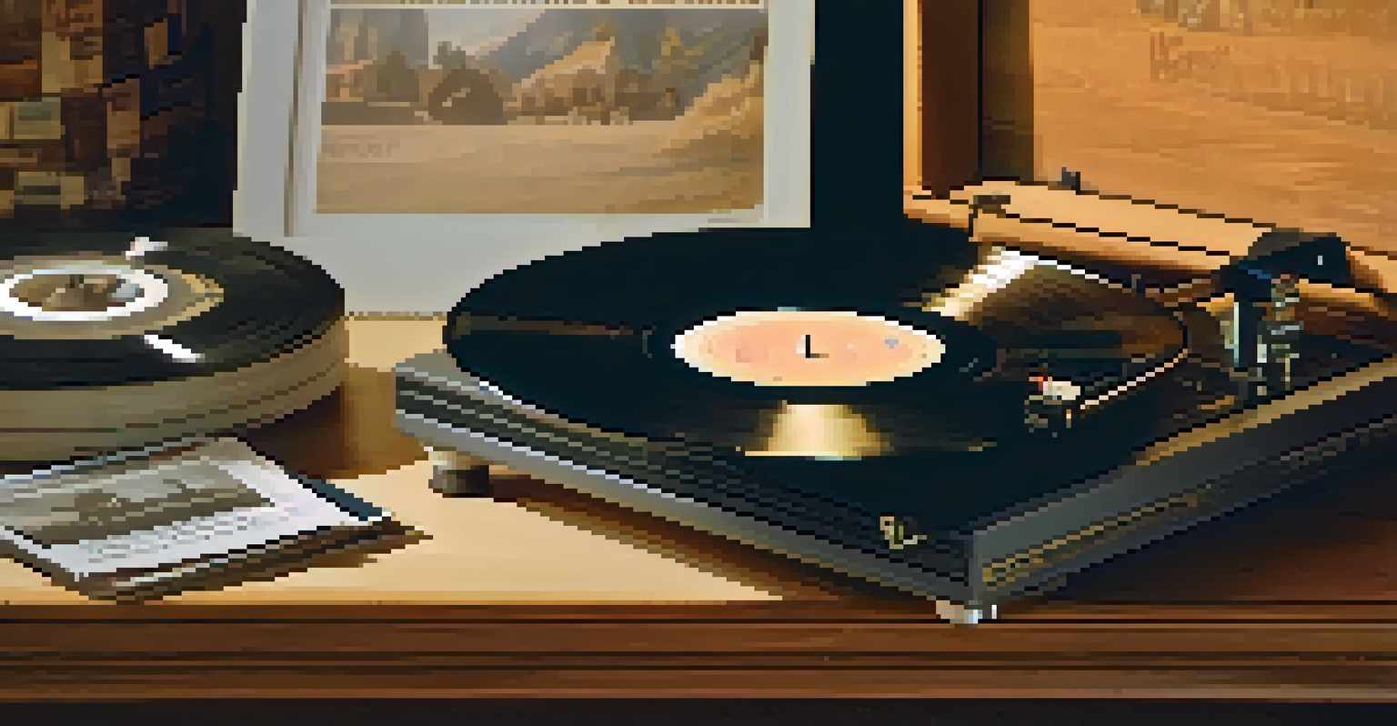 A vintage vinyl record player with a record spinning, surrounded by historical documentary films, bathed in warm, nostalgic lighting.