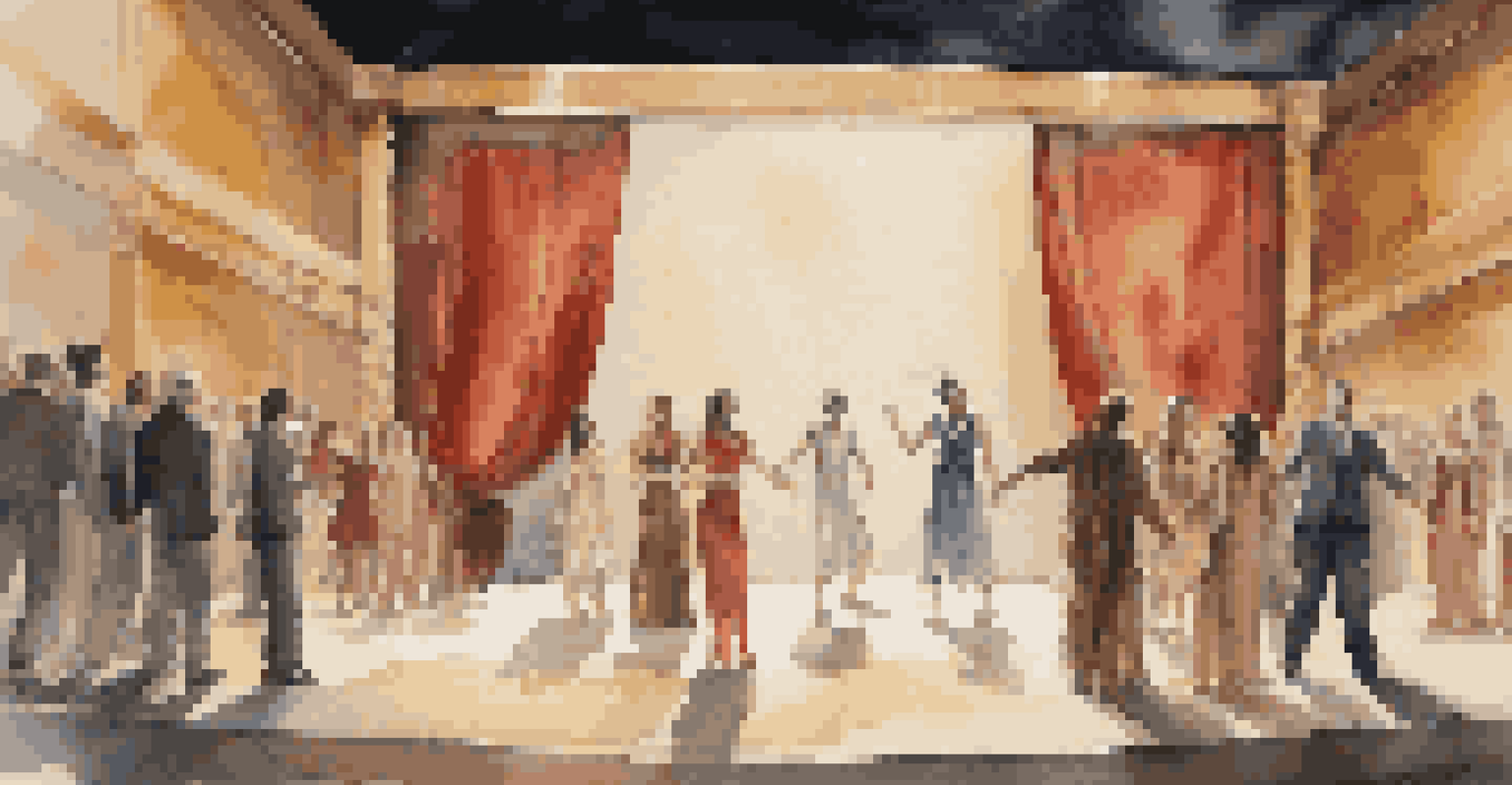 A performance art scene in a theater with actors reinterpreting a Greek tragedy, featuring modern props and dramatic lighting.