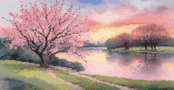 A cherry blossom tree in full bloom by a tranquil pond during sunset, with falling petals and lush greenery.