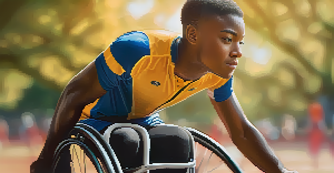 A close-up portrait of a determined disabled athlete in a wheelchair, wearing a colorful sports uniform, with a blurred sports field in the background and warm sunlight illuminating the scene.