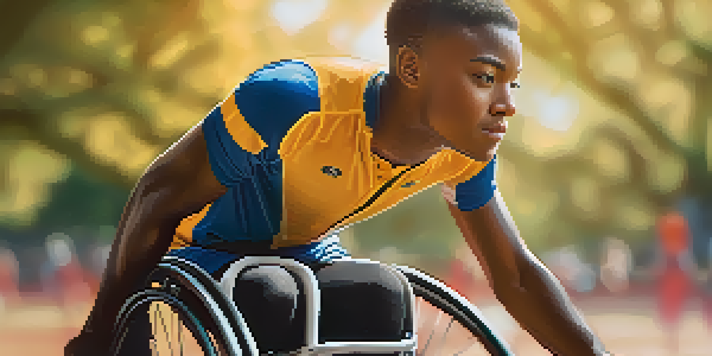 A close-up portrait of a determined disabled athlete in a wheelchair, wearing a colorful sports uniform, with a blurred sports field in the background and warm sunlight illuminating the scene.