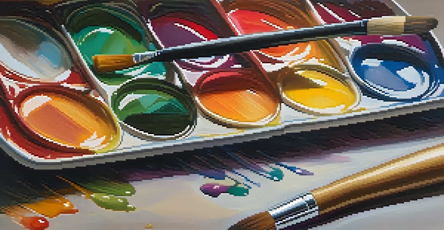 A close-up of a painter's palette with vibrant colors and brush strokes blending together.