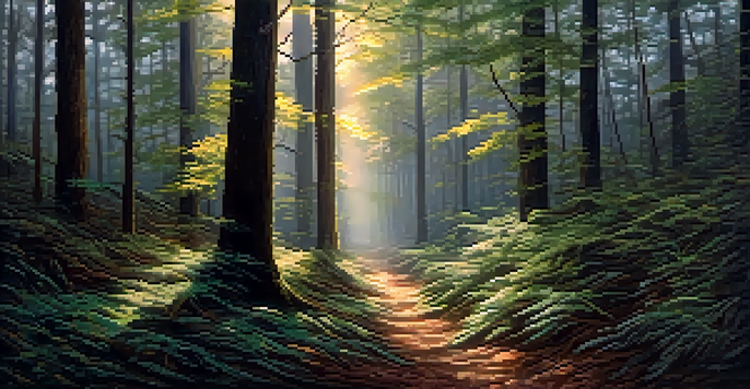A dark forest with light shining through the trees, representing the journey of life and spiritual growth.