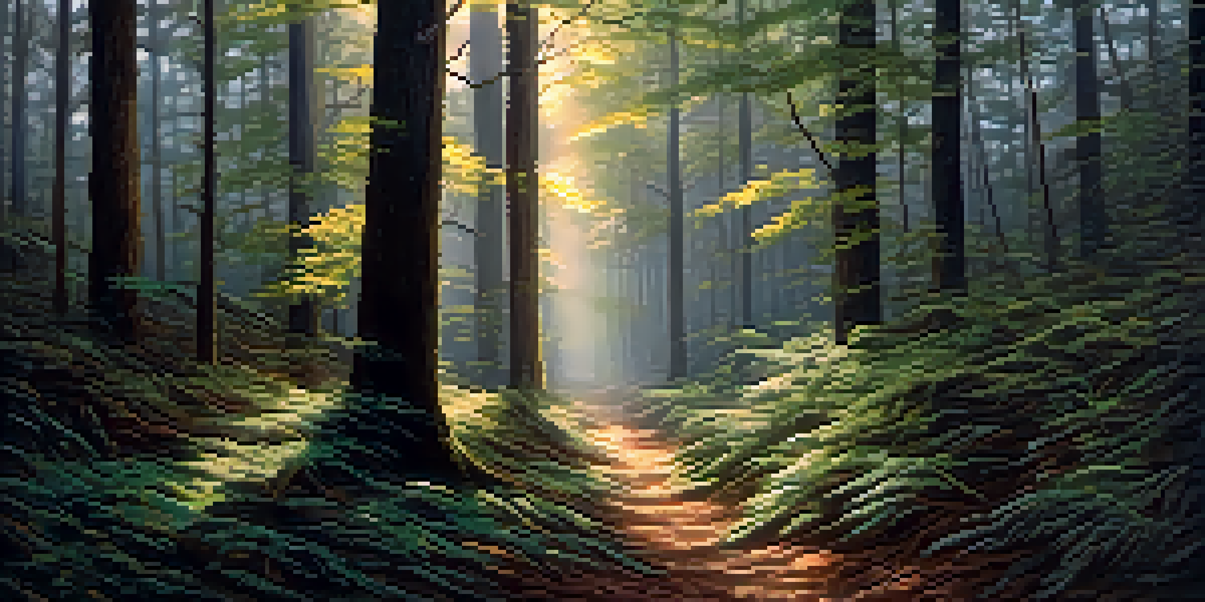 A dark forest with light shining through the trees, representing the journey of life and spiritual growth.