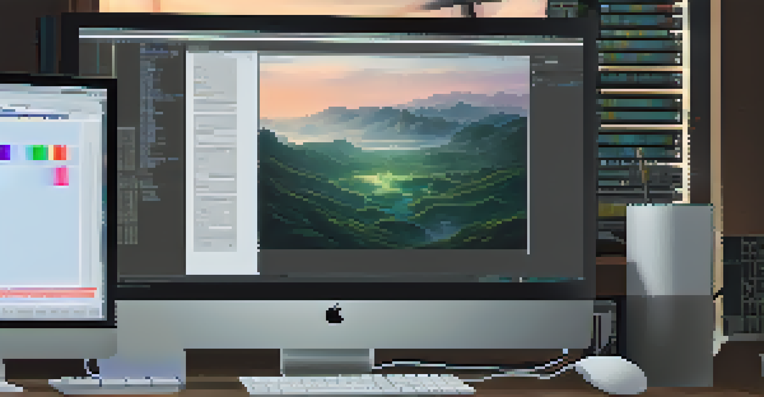 A close-up of a computer screen showing a digital artwork, with a well-organized workspace and ambient lighting.