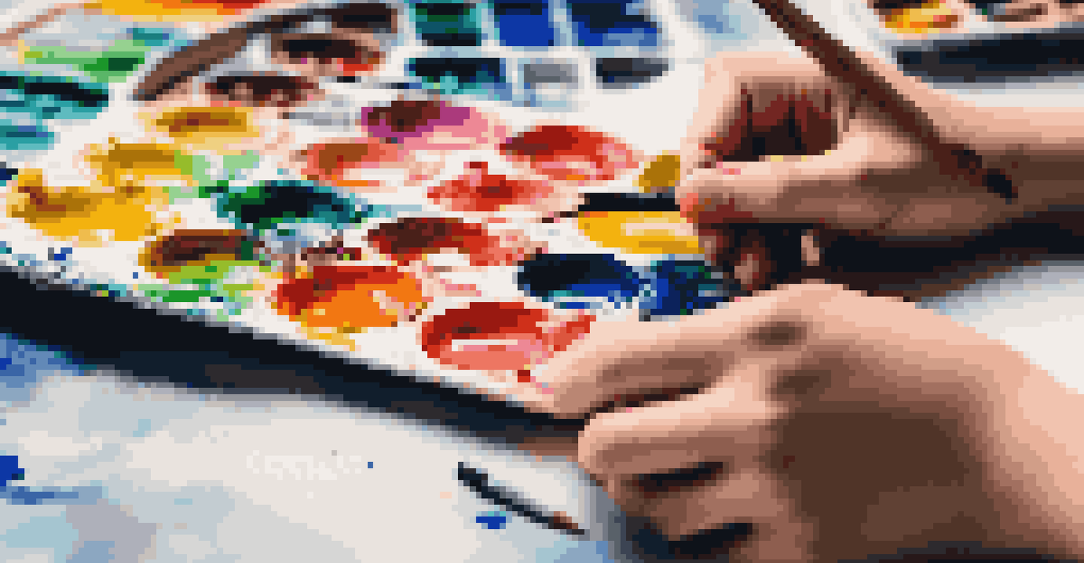 A close-up of a teenager's hands painting on a canvas with vibrant colors, highlighting the concentration and emotion in the creative process.