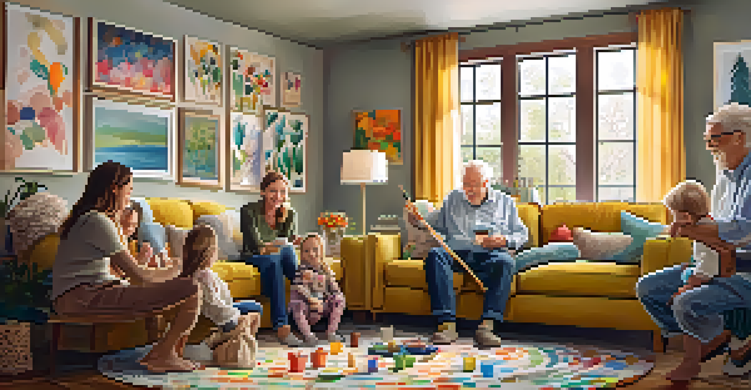 A family of various generations working together on a mural in a cozy living room, showcasing collaboration and creativity.