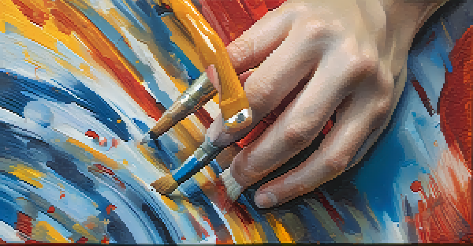 Close-up of an artist's hands holding a paintbrush with colorful paint on their fingers, in front of an abstract canvas.