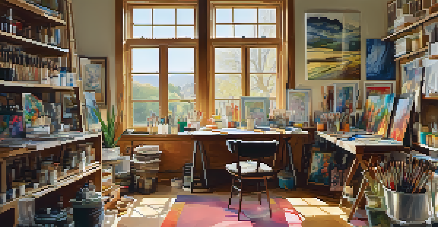 An artist's workspace with art supplies and natural light illuminating the vibrant colors.
