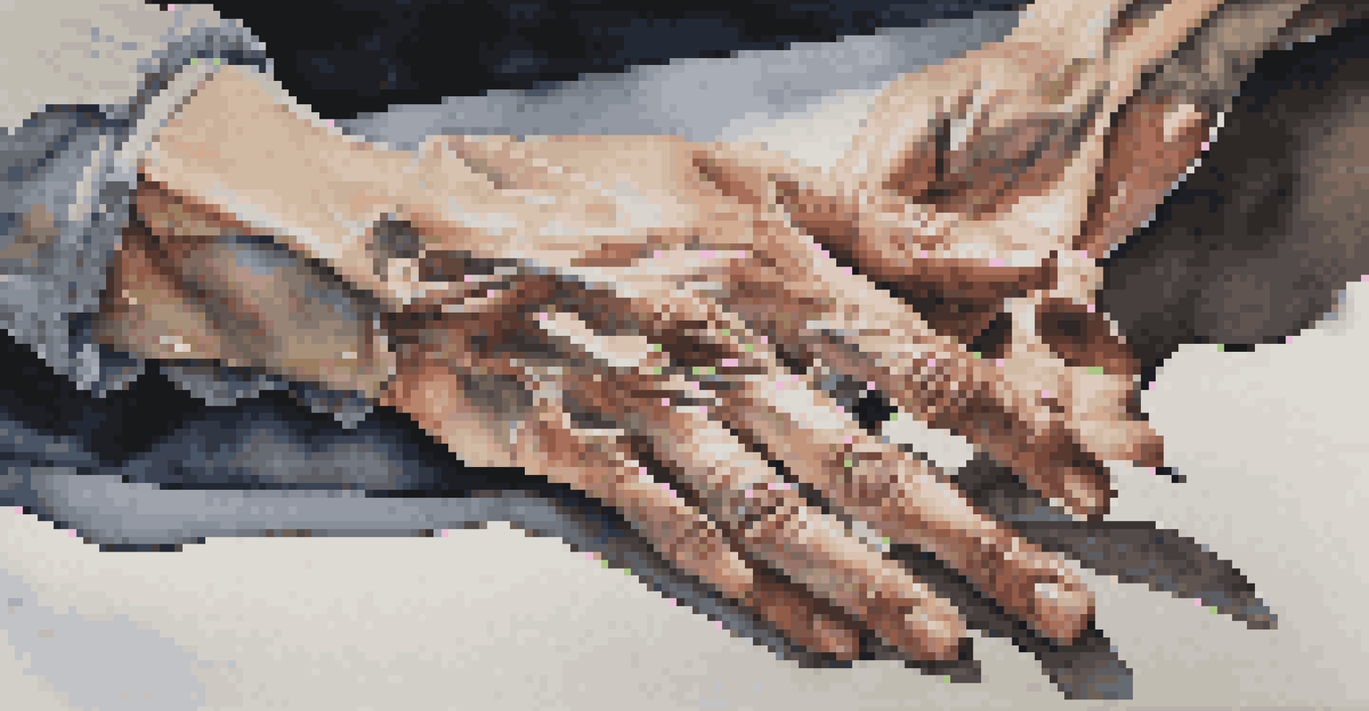 A close-up of a performance artist's hands using fabric and paint, with a blurred background emphasizing the textures and movement.