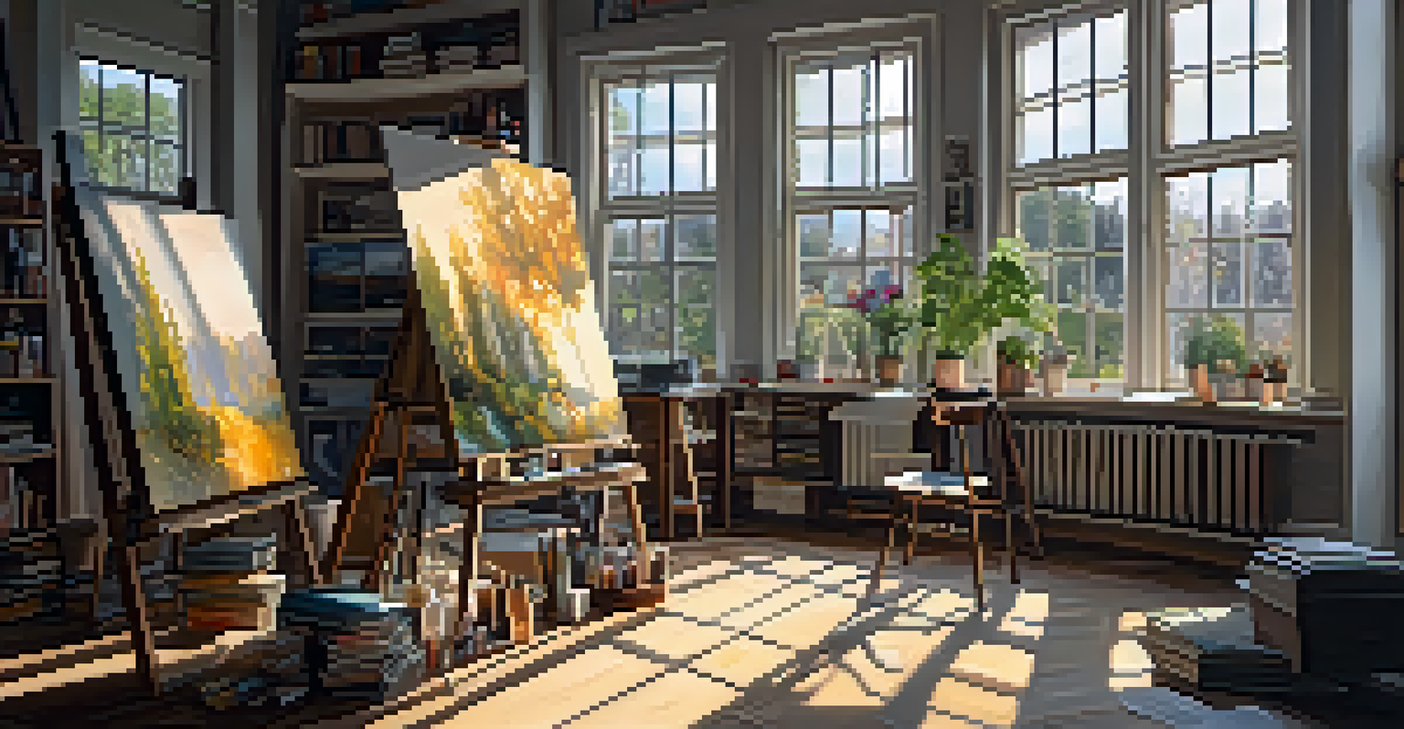 An artist's studio with canvases, art supplies, and a partially completed painting that combines traditional and digital techniques, illuminated by natural light.