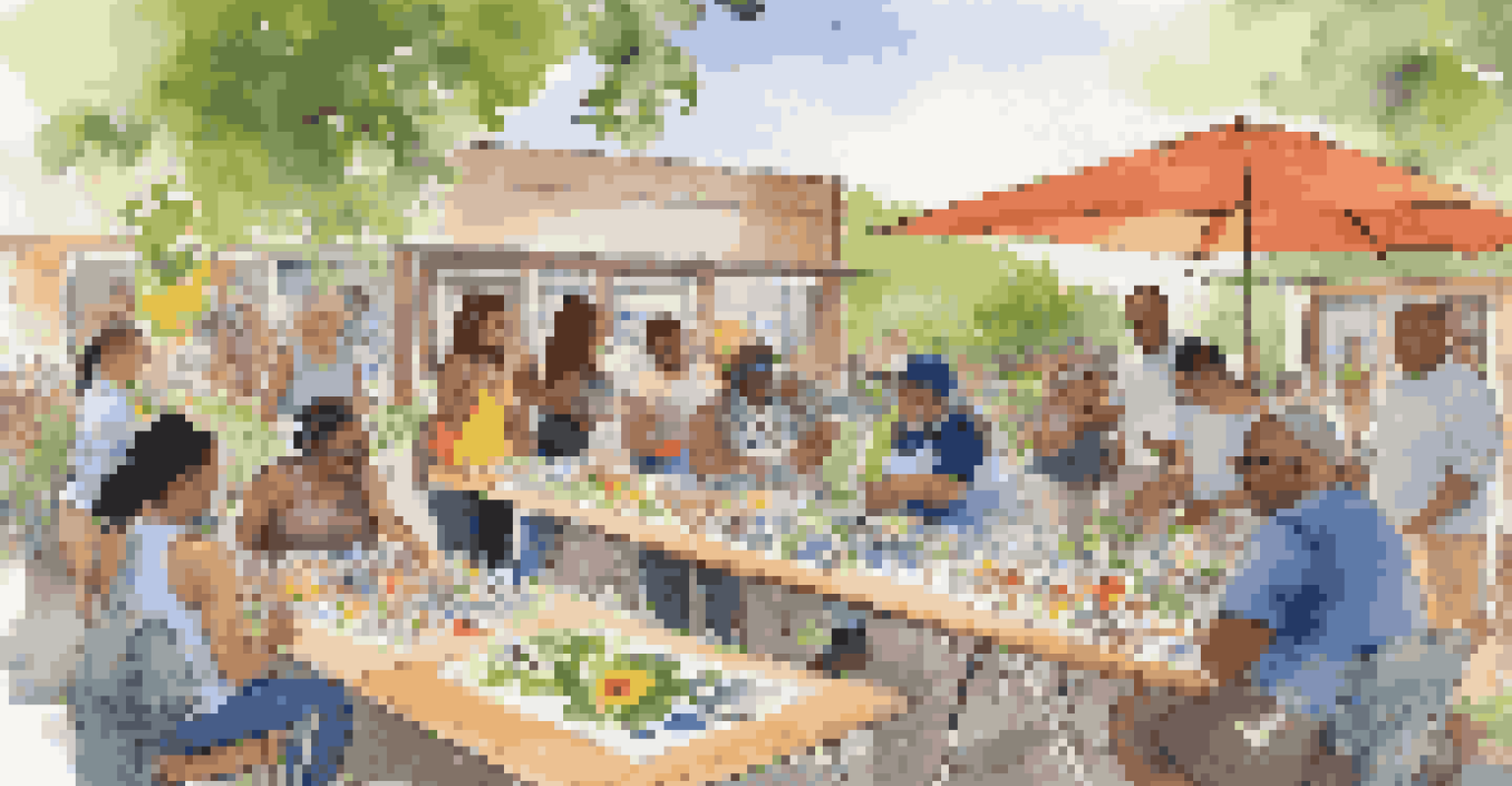 A diverse group of people collaborating on eco-art projects outdoors.