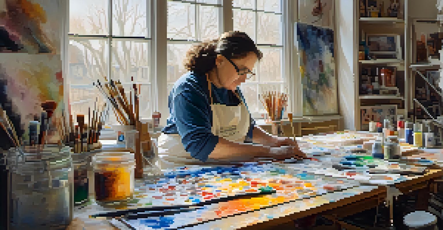 A close-up photo of a disabled female artist painting in her studio, surrounded by colorful artwork and art supplies, with soft natural light creating a warm ambiance.