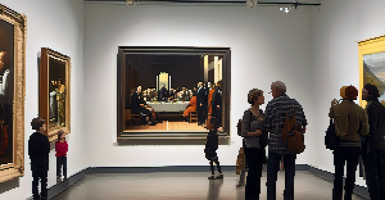 A museum gallery filled with visitors admiring a large painting related to social change, with warm lighting and engaged discussions.