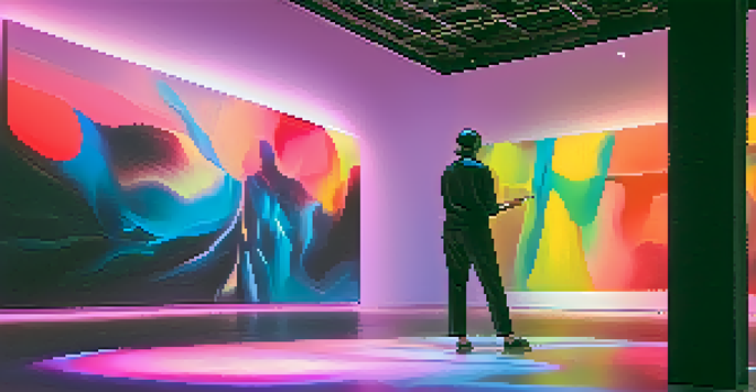 A contemporary artist engaging with colorful digital projections in a dimly lit room, showcasing an immersive performance art experience.