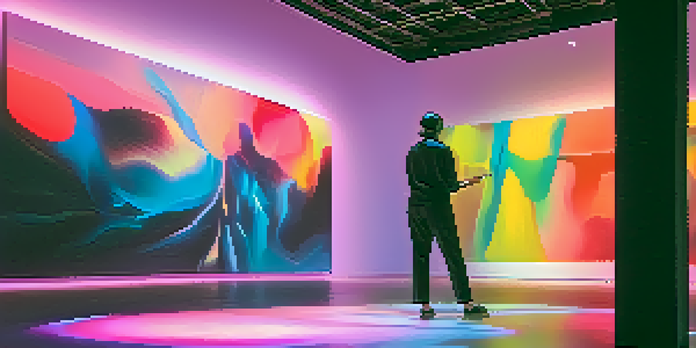 A contemporary artist engaging with colorful digital projections in a dimly lit room, showcasing an immersive performance art experience.