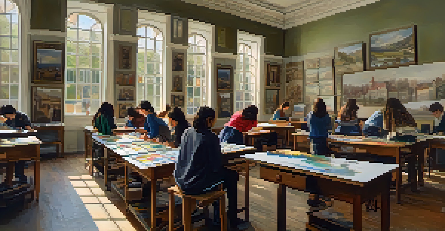 An art classroom filled with students painting historical landmarks, with natural light illuminating the colorful artworks on the walls, creating an inspiring atmosphere.