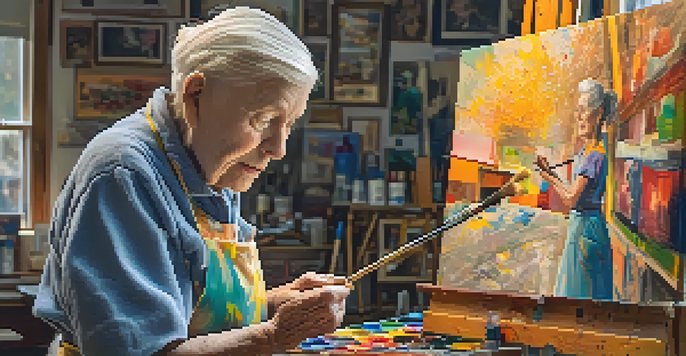 A close-up portrait of an elderly artist in a sunlit studio, surrounded by paintings and art supplies.