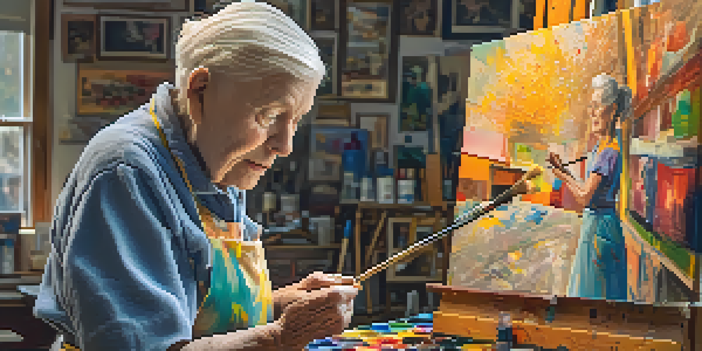 A close-up portrait of an elderly artist in a sunlit studio, surrounded by paintings and art supplies.