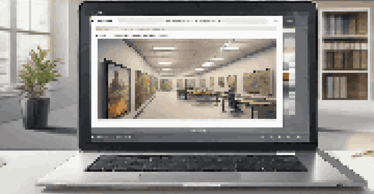 A laptop displaying a digital archive of artworks in a modern office setting.