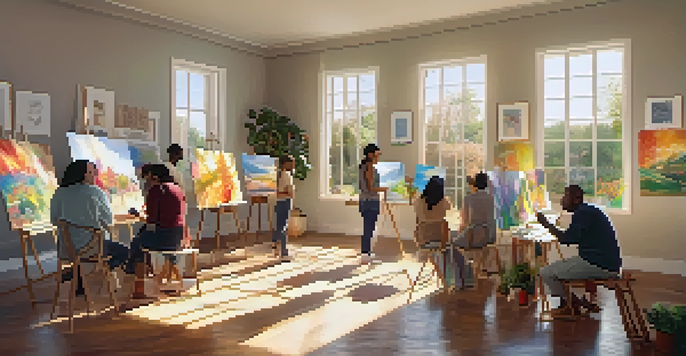 A cozy art therapy session with diverse individuals painting in a sunlit room, surrounded by colorful artworks and plants.